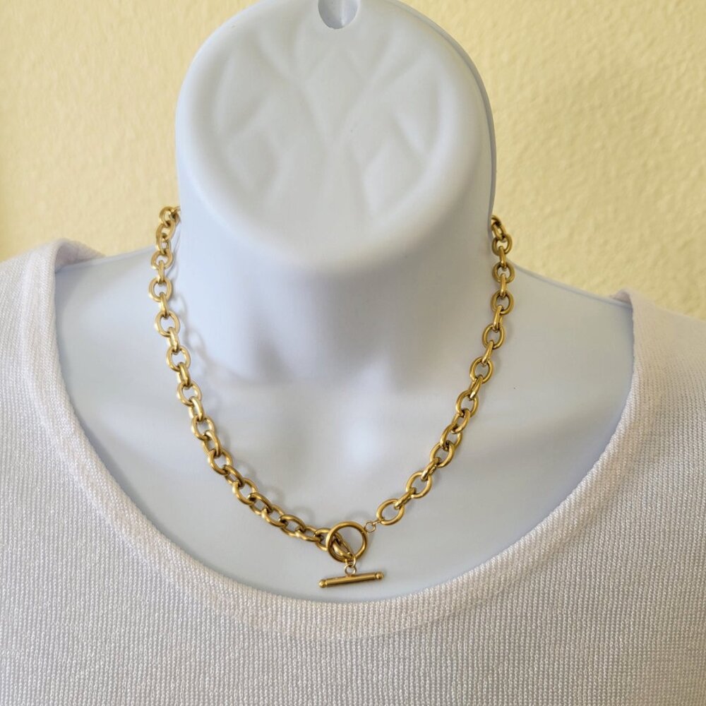 OT Buckle Cable Chain Choker Necklace Gold Tone Titanium Steel 15"  NEW - Picture 2 of 10